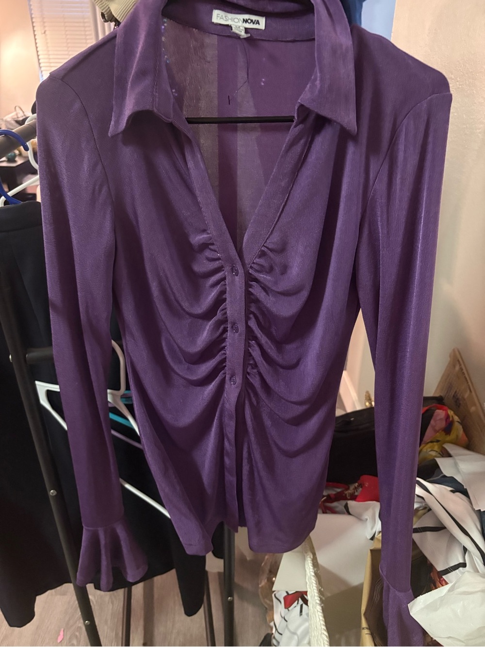 Fashion Nova Deep Purple Ruched Button-Front Long Sleeve Shirt